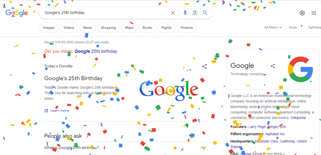 google 25th birthday web page celebration doodle