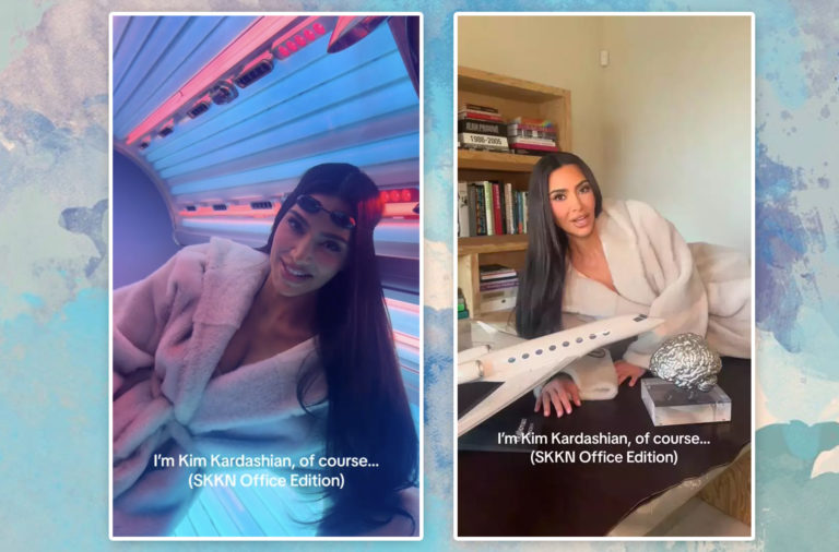 Kim Kardashian SKKN office headquarters viral tour of course trend makeup skincare products skims red light therapy tanning bed magazine cover wall 3D model brain plane