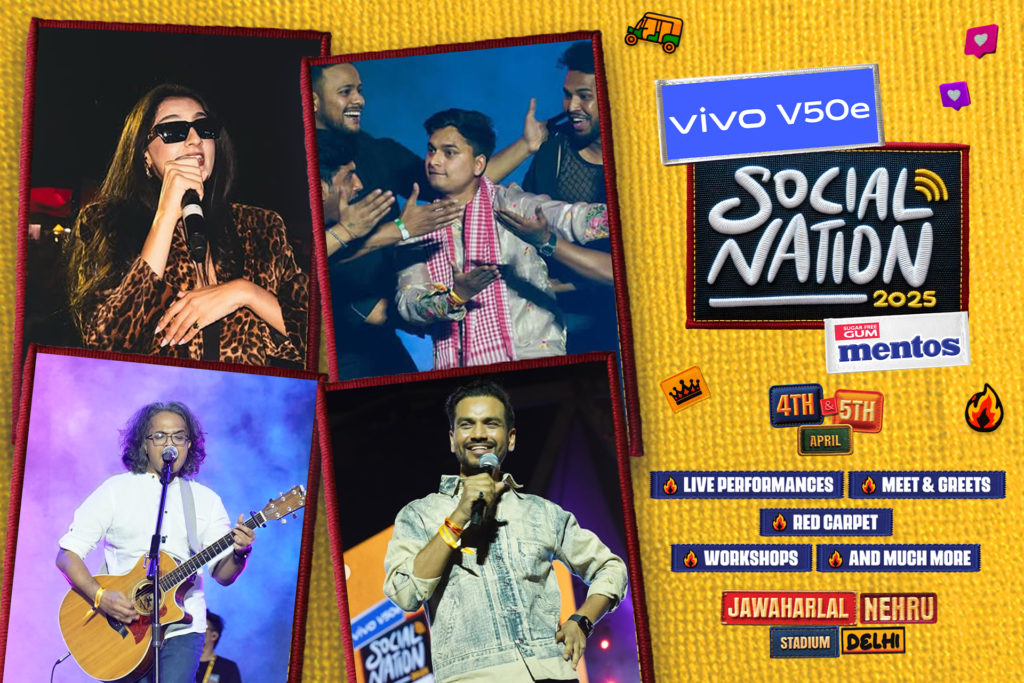 vivo V50e, Social Nation 2025, Mentos, BihariLadka, Shahat Gill, Sima Taparia, Vikas Kush Sharma, Gunjan Saini, Wolfcryman, Ksaya, Nischay Verma, Raman Negi, Piyali Mukherjee, Akshay Yadav, Meaow, Singing Performance, Comedy Act, Poetry Slam, Rap Performance, Crowd Interaction, Football Performance, Fusion Music, Creator Line-up, Live Performances, Stage Highlights, Freshness Partner, Mentos Zindagi, YesToFresh, Social Nation Talent