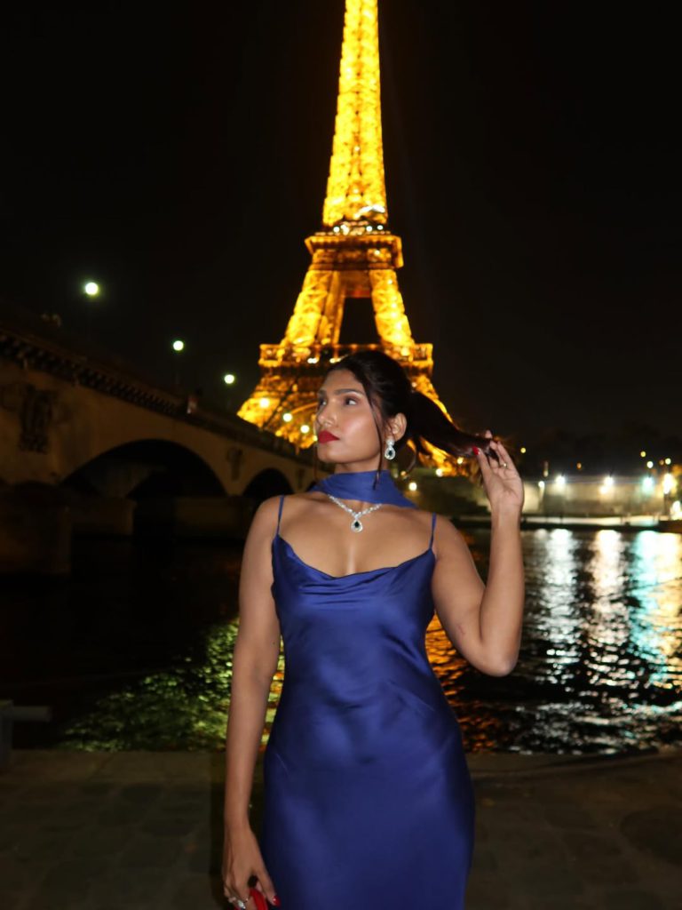 Choosing you was a good decision so was wearing blue in front of the Eiffel Tower ✨.Outfit @arok - Social Nation Esha Shetty with blue dress