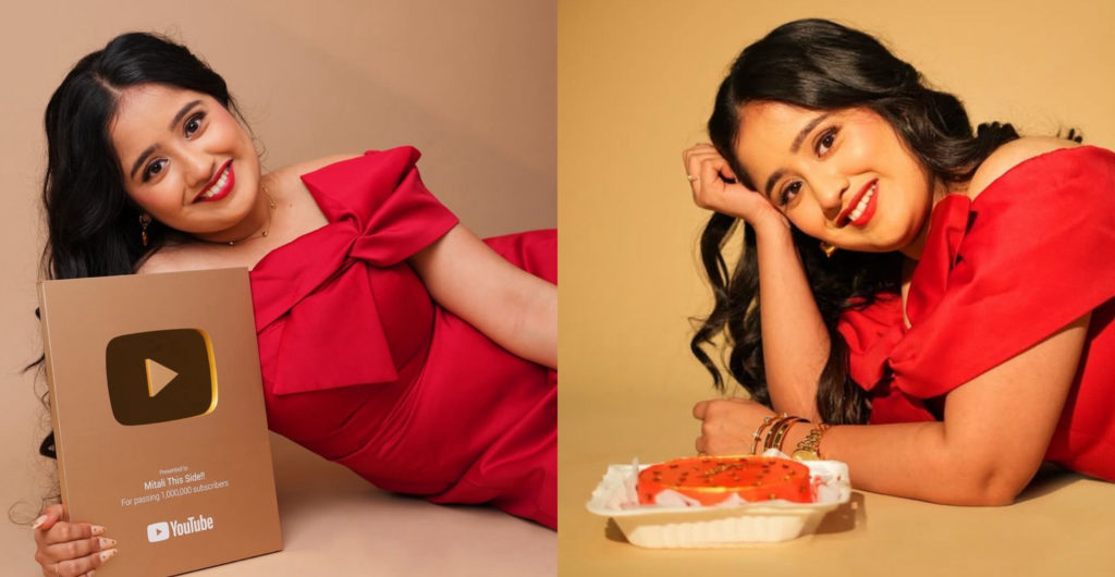 Woman in a red dress smiles while holding a gold YouTube play button award; split-screen collage with a birthday cake on the right side, warm background.
