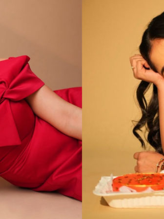 Woman in a red dress smiles while holding a gold YouTube play button award; split-screen collage with a birthday cake on the right side, warm background.