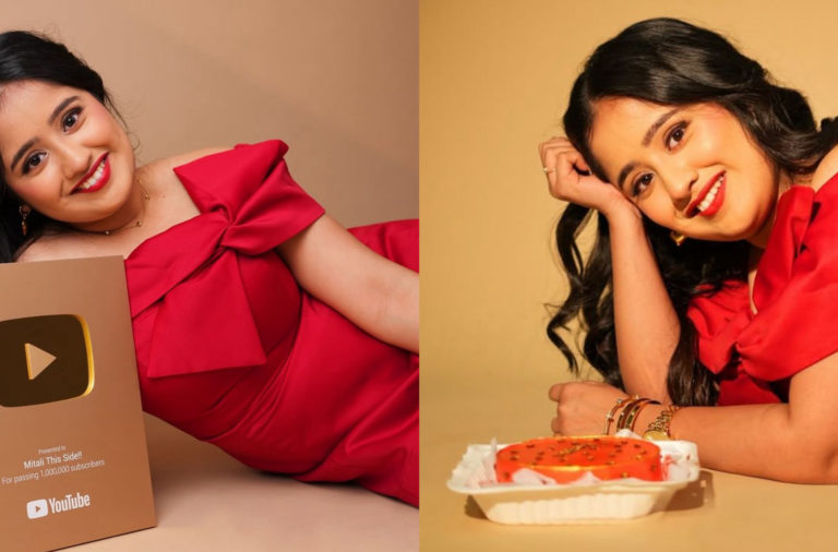 Woman in a red dress smiles while holding a gold YouTube play button award; split-screen collage with a birthday cake on the right side, warm background.