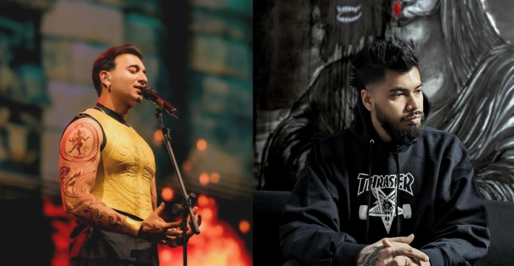 Left: tattooed male singer in a yellow sleeveless shirt performs on stage with a microphone; right: bearded man in a black Thrasher hoodie sits against a dark, abstract mural.