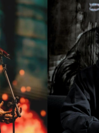 Left: tattooed male singer in a yellow sleeveless shirt performs on stage with a microphone; right: bearded man in a black Thrasher hoodie sits against a dark, abstract mural.