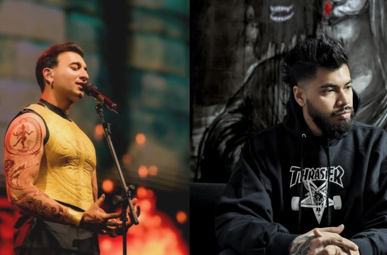 Left: tattooed male singer in a yellow sleeveless shirt performs on stage with a microphone; right: bearded man in a black Thrasher hoodie sits against a dark, abstract mural.