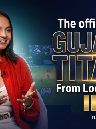 Portrait of Kiara in a red jacket being interviewed, with bold text about Gujarat Titans and IPL in the background, for a video thumbnail