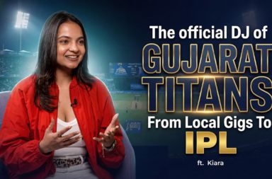 Portrait of Kiara in a red jacket being interviewed, with bold text about Gujarat Titans and IPL in the background, for a video thumbnail
