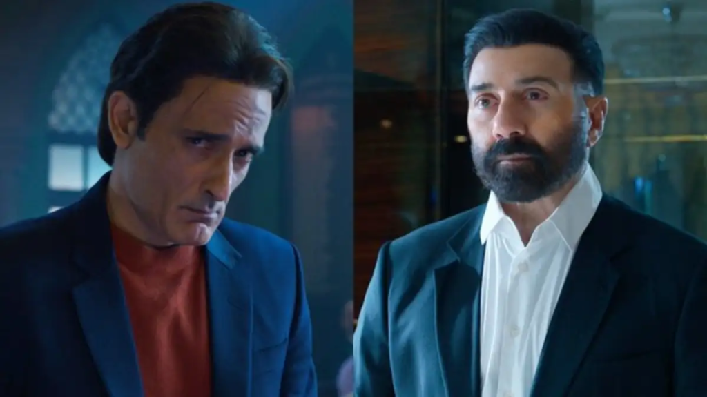 Ikka Movie- Akshaye Khanna, Sunny Deol - Social Nation Split-screen image of two men in suits, each looking serious in a dim, modern interior.