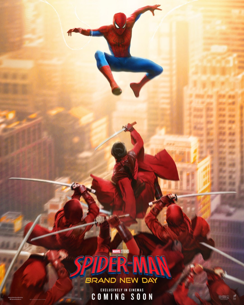 Spider-Man: Brand New Day - Social Nation Spider-Man swings above a yellow city skyline as red-clad fighters clash below; poster for Spider-Man: Brand New Day, coming soon.