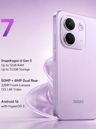 Lavender Redmi Note 17 Pro Max ad showing a phone with large text and feature bullets including 6.83-inch AMOLED and 50MP+8MP cameras.