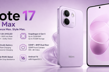 Lavender Redmi Note 17 Pro Max ad showing a phone with large text and feature bullets including 6.83-inch AMOLED and 50MP+8MP cameras.