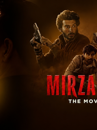 Promotional poster for Mirzapur: The Movie featuring three armed men against a fiery sunset backdrop and a silhouetted foreground figure.