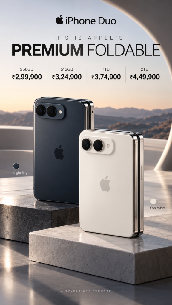 iPhone Duo premium foldable showing two color variants (Night Sky and Star White) and price tiers. - Social Nation Promotional image for iPhone Duo premium foldable showing two color variants (Night Sky and Star White) and price tiers.