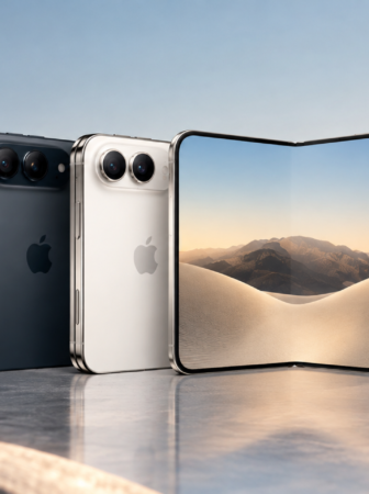Foldable Apple smartphone open on the right, showing a desert landscape, with two additional back-view devices in dark and silver behind on a reflective surface at sunset.