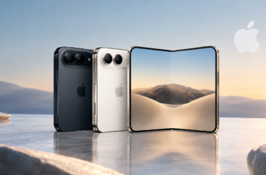 Foldable Apple smartphone open on the right, showing a desert landscape, with two additional back-view devices in dark and silver behind on a reflective surface at sunset.