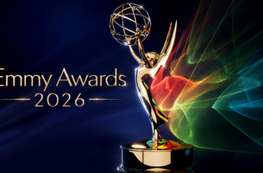 Golden Emmy Award statue raised in victory on a dark blue background with colorful light trails, and text 'Emmy Awards 2026' on the left.