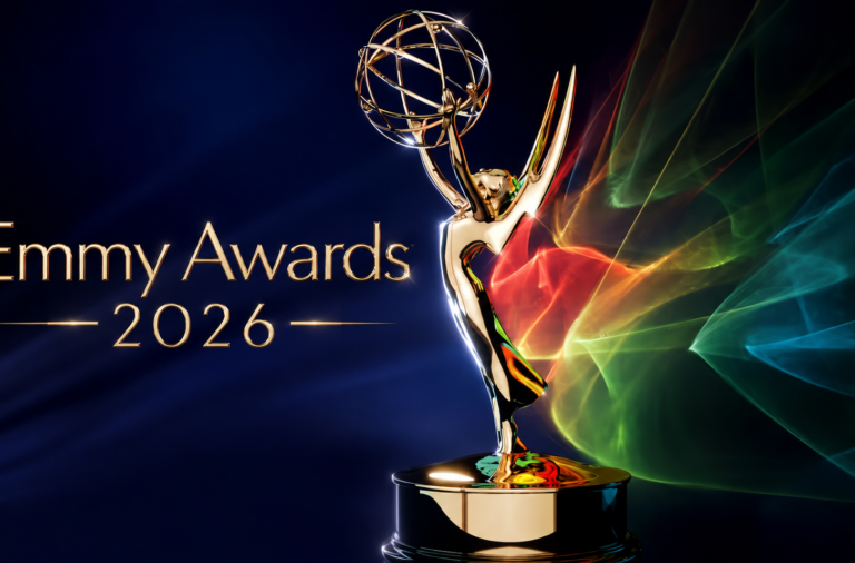 Golden Emmy Award statue raised in victory on a dark blue background with colorful light trails, and text 'Emmy Awards 2026' on the left.