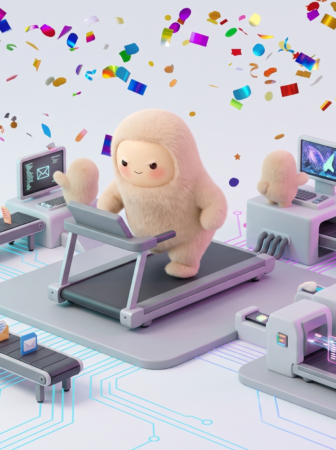 Three fluffy beige cartoon creatures operate futuristic treadmill-like machines in a bright high-tech lab, with colorful confetti and glowing circuit lines in the background.