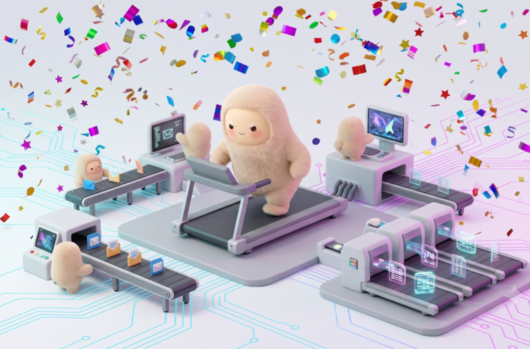 Three fluffy beige cartoon creatures operate futuristic treadmill-like machines in a bright high-tech lab, with colorful confetti and glowing circuit lines in the background.