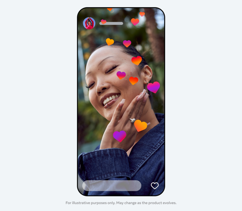 Meta Insta image - Social Nation Close-up selfie of a smiling woman with colorful heart stickers floating around, resembling social media likes on a phone screen