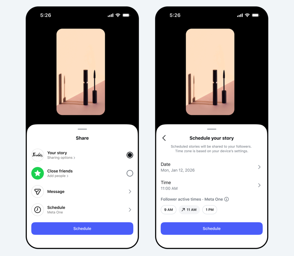 Meta-One_Carousel - Social Nation Two side-by-side phone screens of a social app: left shows sharing options; right shows'Schedule your story' with date and time settings.