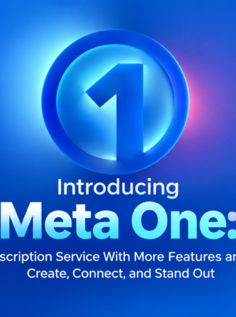 Blue gradient hero with a circular Meta One logo and the text: Introducing Meta One, a subscription service with features and AI to create, connect, and stand out (promotional header).