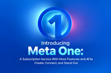 Blue gradient hero with a circular Meta One logo and the text: Introducing Meta One, a subscription service with features and AI to create, connect, and stand out (promotional header).