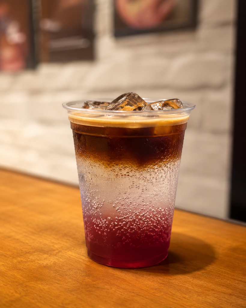 Plum Expresso - Social Nation Plastic cup of layered iced beverage on a wooden table, with ice cubes on top and condensation on the cup.