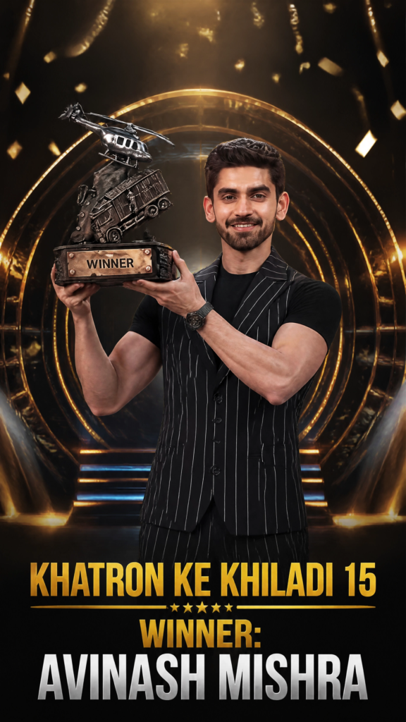 Avinash Mishra - Social Nation Winner holds a trophy reading'WINNER' with a dramatic golden stage background, announcing Avinash Mishra as the winner of Khatron Ke Khiladi 15.