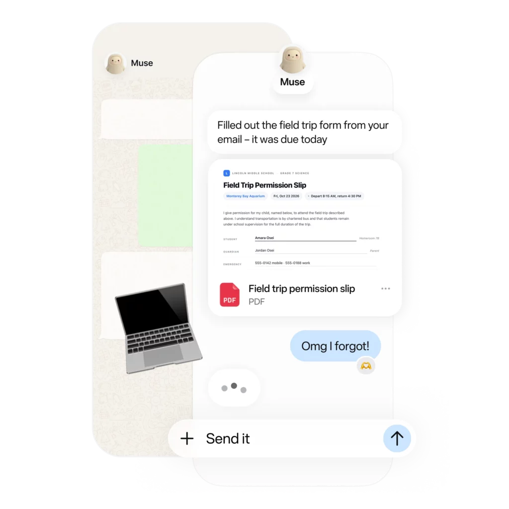 Muse messaging - Social Nation Mobile UI showing a field trip permission slip document card with a'Send it' action.