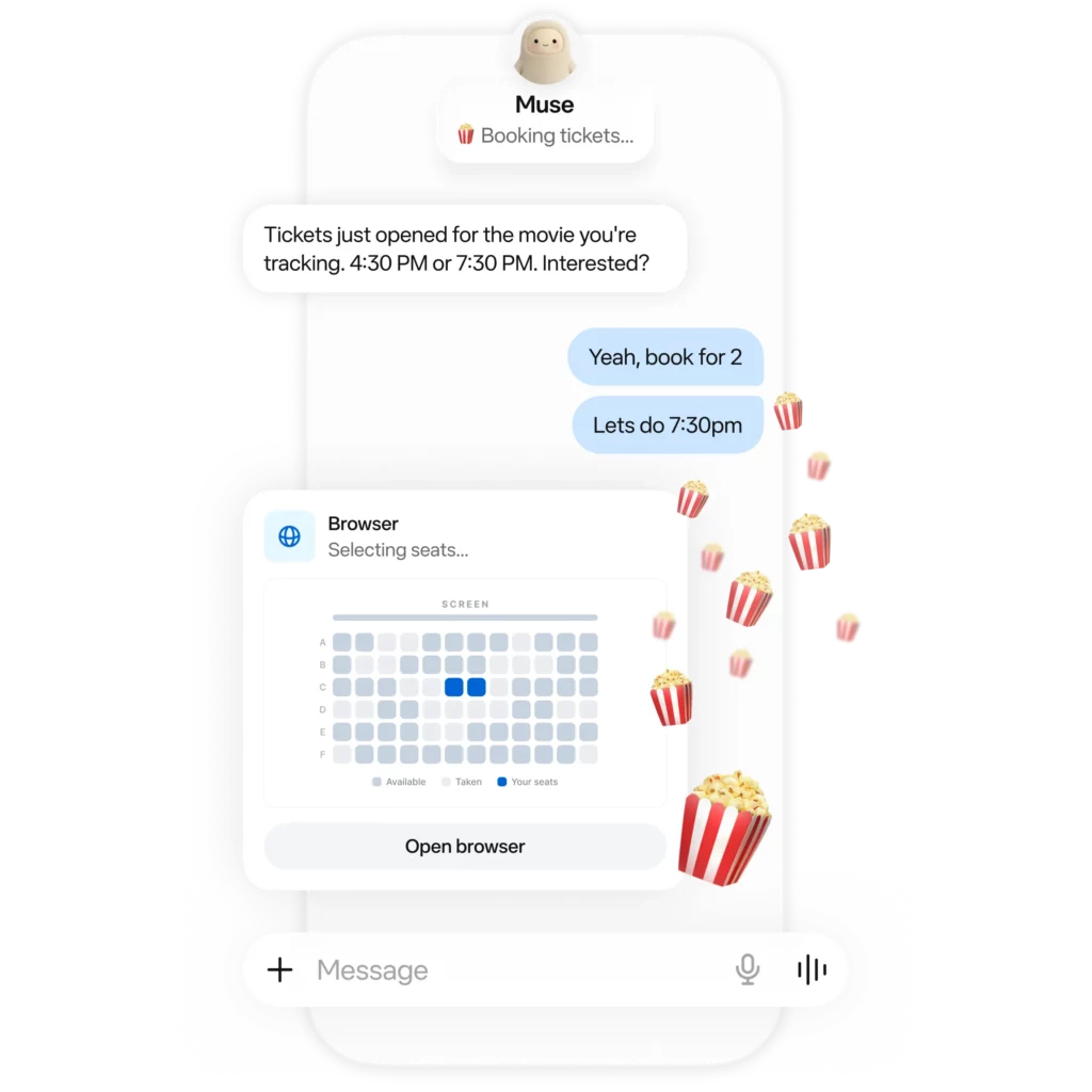 Muse user shares their own computer in the cloud - Social Nation Mobile app screen for booking movie tickets; chat bubble says tickets opened for the movie you're tracking with a seating map preview on screen.