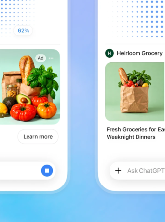 Two smartphone ads for Heirloom Grocery: left panel shows fresh produce (bread, tomatoes, basil) with 'Fresh ideas for dinner' and a Learn more button; right panel shows a three‑image banner of groceries with 'Fresh Groceries for Easy Weeknight Dinners' and a Learn more button.
