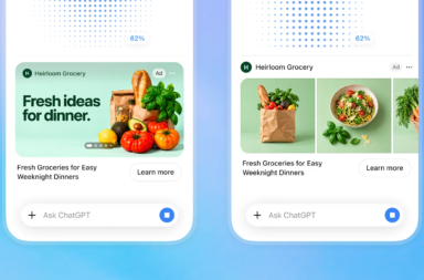 Two smartphone ads for Heirloom Grocery: left panel shows fresh produce (bread, tomatoes, basil) with 'Fresh ideas for dinner' and a Learn more button; right panel shows a three‑image banner of groceries with 'Fresh Groceries for Easy Weeknight Dinners' and a Learn more button.