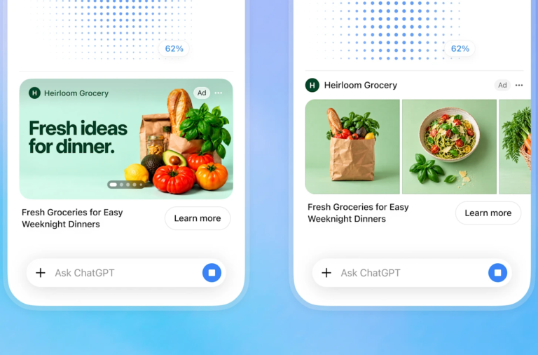 Two smartphone ads for Heirloom Grocery: left panel shows fresh produce (bread, tomatoes, basil) with 'Fresh ideas for dinner' and a Learn more button; right panel shows a three‑image banner of groceries with 'Fresh Groceries for Easy Weeknight Dinners' and a Learn more button.