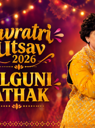 Falguni Pathak Navratri Utsav 2026 featuring Falguni Pathak performing on stage in a gold-yellow outfit with a microphone, festive background.