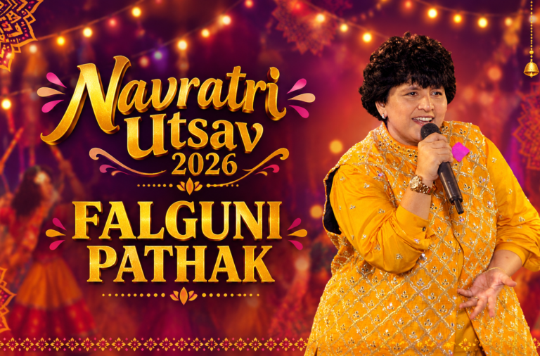 Falguni Pathak Navratri Utsav 2026 featuring Falguni Pathak performing on stage in a gold-yellow outfit with a microphone, festive background.
