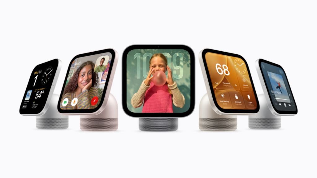 image - Social Nation Group of smart speakers with colorful square screens showing apps and faces, in a row on a white background.